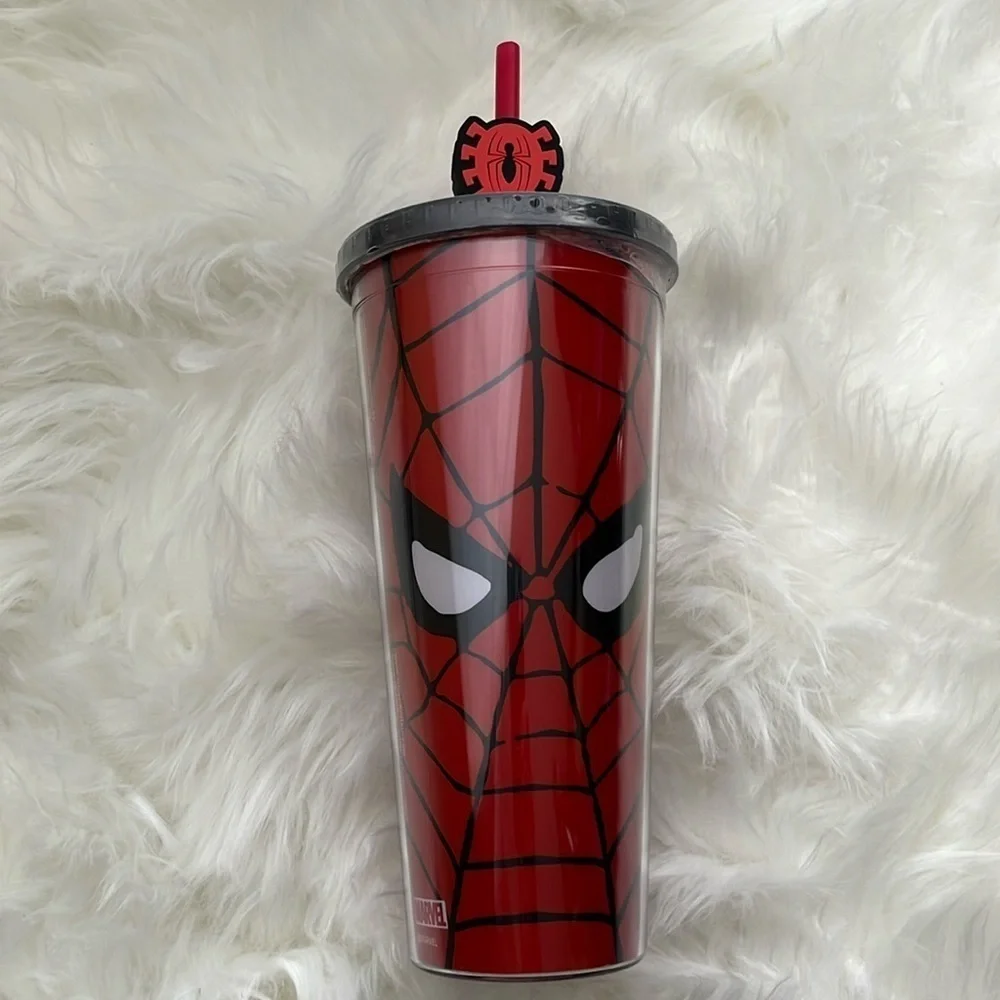 🆕 Marvel Spider-Man Plastic Cold Cup with Lid and Straw Topper 24 Ounces Travel